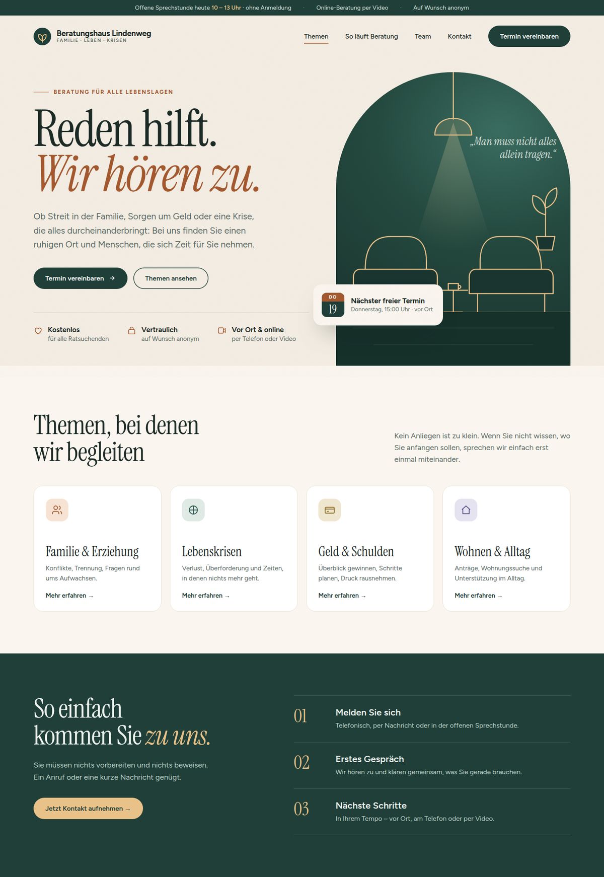 Designbeispiel: Startseite der fiktiven Organisation Beratungshaus Lindenweg in der Desktop-Ansicht