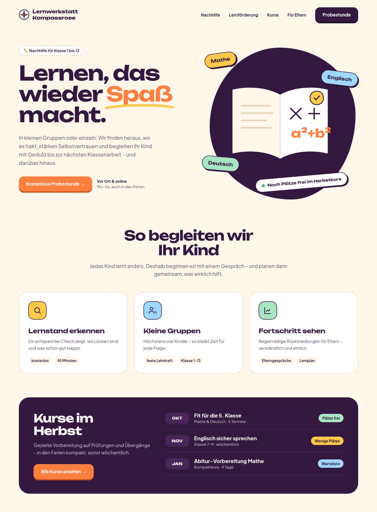 Designbeispiel: Startseite der fiktiven Organisation Lernwerkstatt Kompassrose in der Desktop-Ansicht