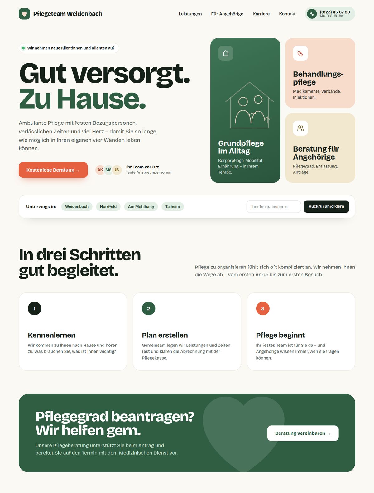 Designbeispiel: Startseite der fiktiven Organisation Pflegeteam Weidenbach in der Desktop-Ansicht