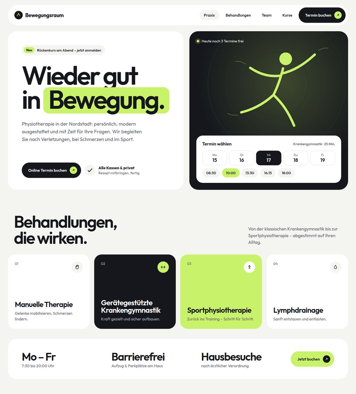 Designbeispiel: Startseite der fiktiven Organisation Bewegungsraum Nordstadt in der Desktop-Ansicht