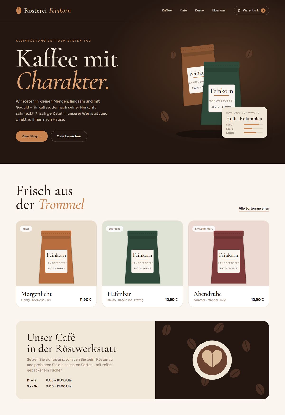 Designbeispiel: Startseite der fiktiven Organisation Rösterei Feinkorn in der Desktop-Ansicht