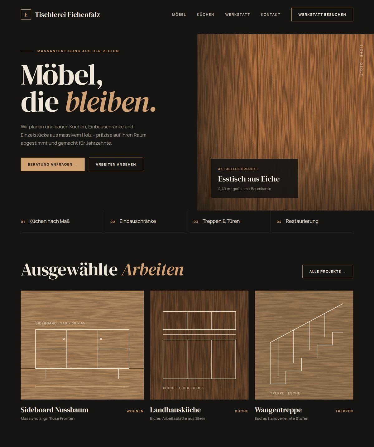 Designbeispiel: Startseite der fiktiven Organisation Tischlerei Eichenfalz in der Desktop-Ansicht