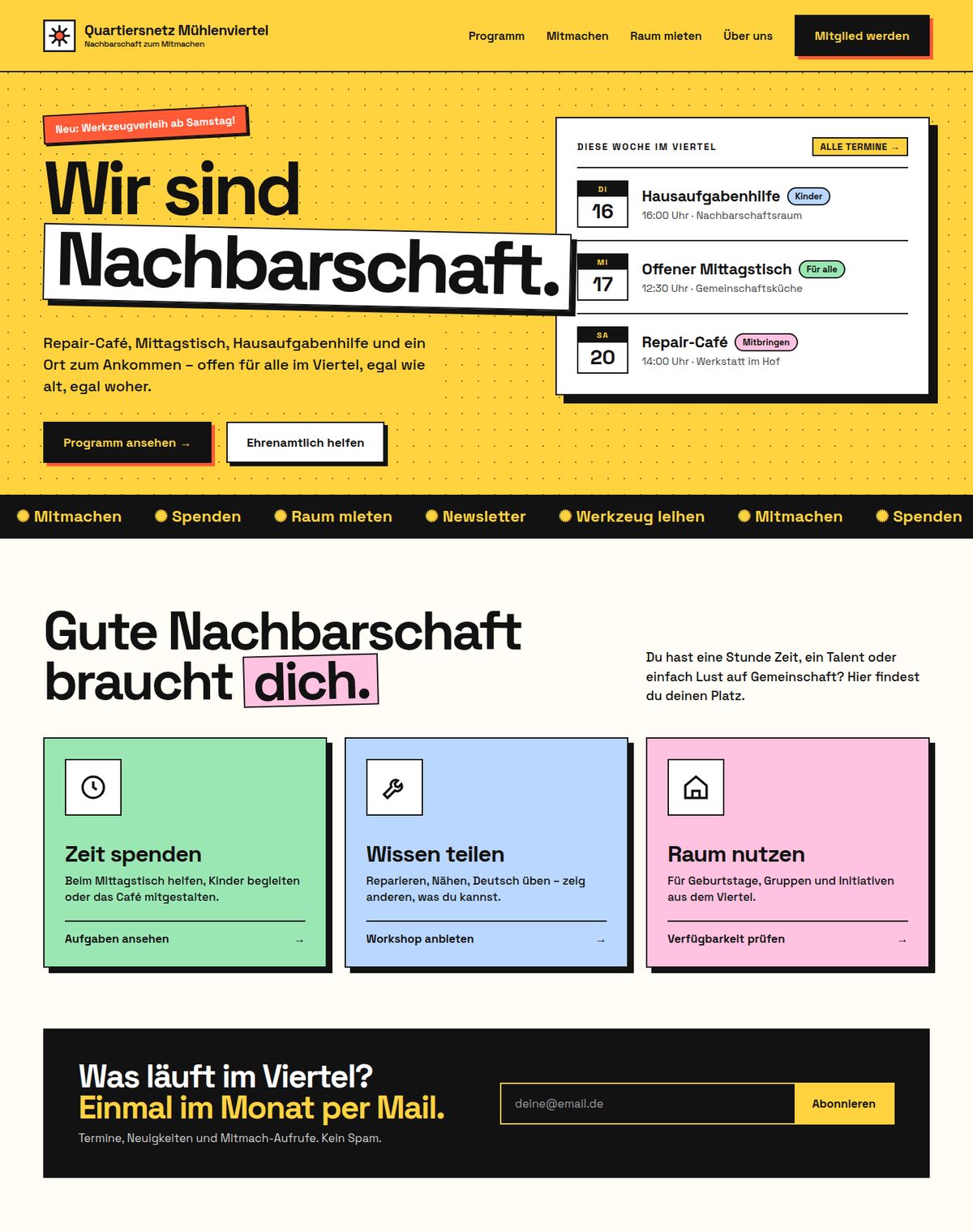 Designbeispiel: Startseite der fiktiven Organisation Quartiersnetz Mühlenviertel in der Desktop-Ansicht
