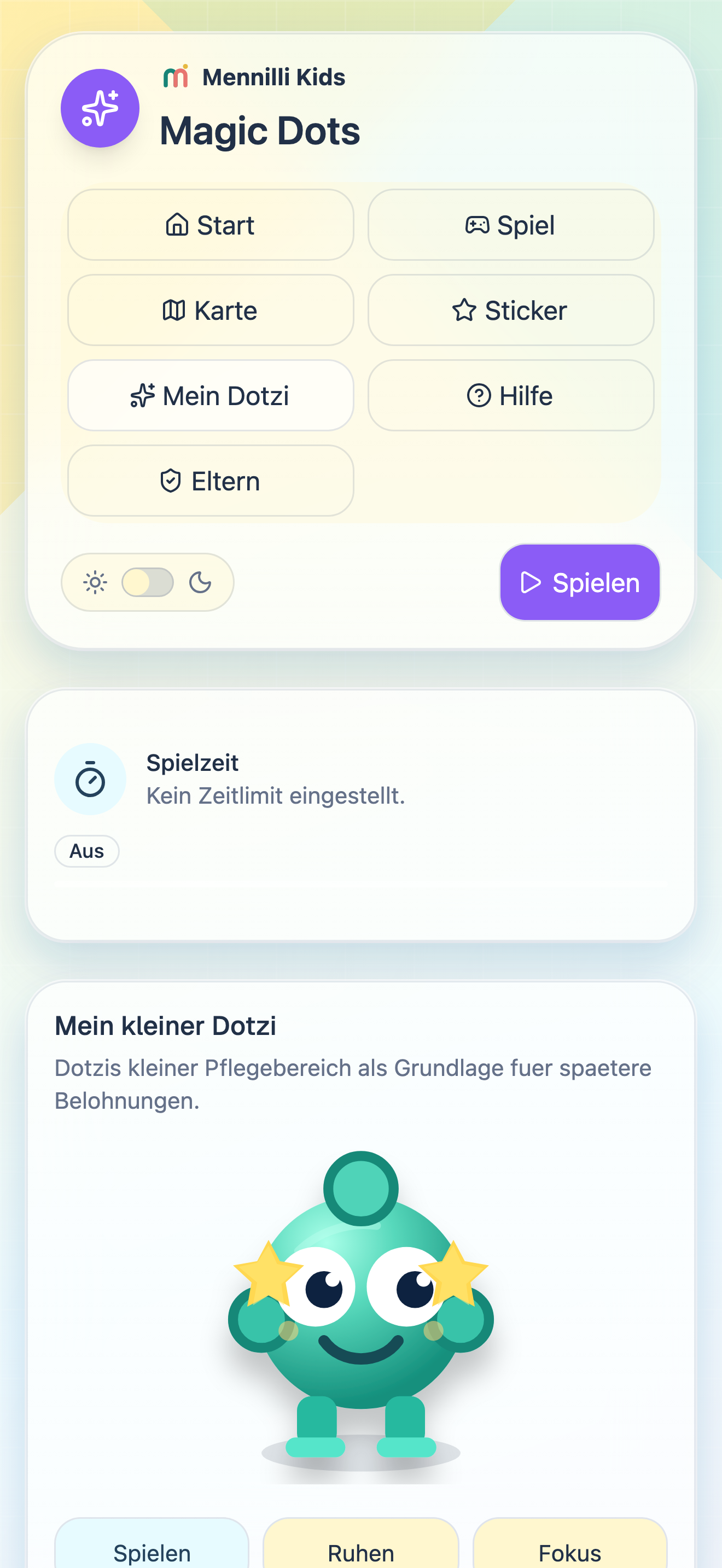 Magic Dots: Startansicht mit Dotzi und Spieleinstieg