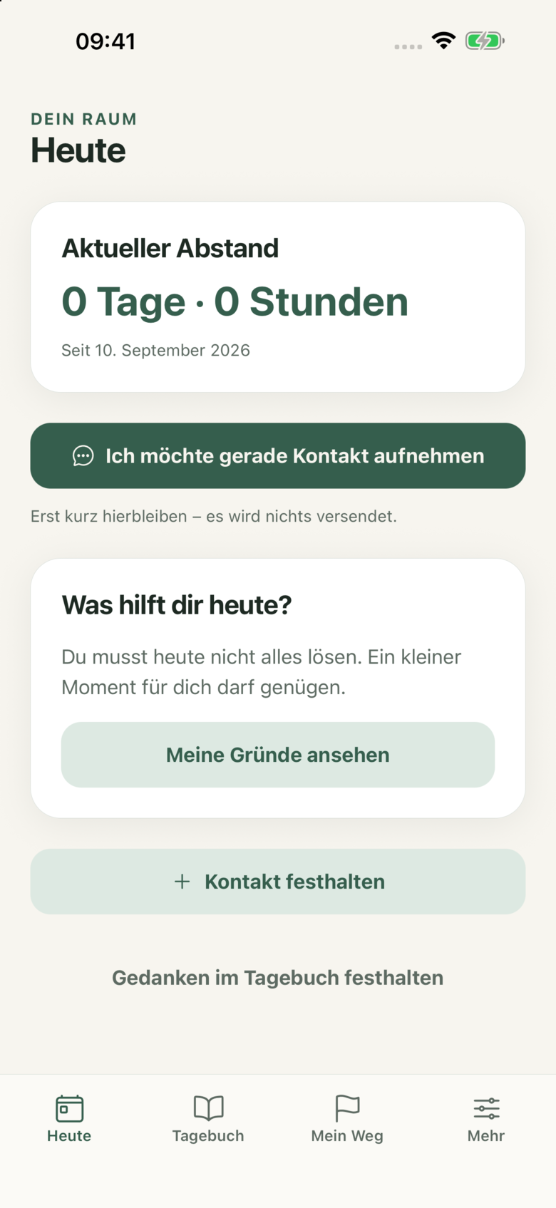 Screenshot der App Loslassen: Startansicht „Heute“ mit aktuellem Abstand und Hilfen für einen Moment ohne Kontaktaufnahme
