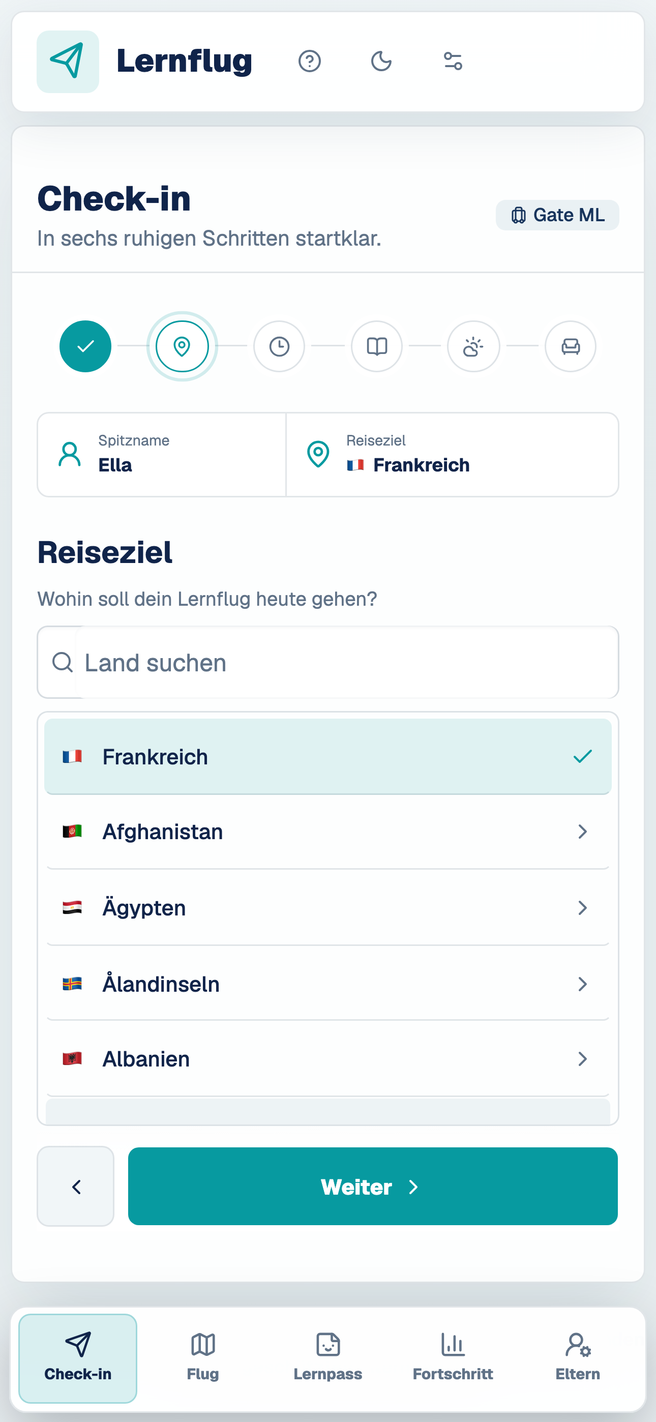 Lernflug Check-in auf einem Smartphone