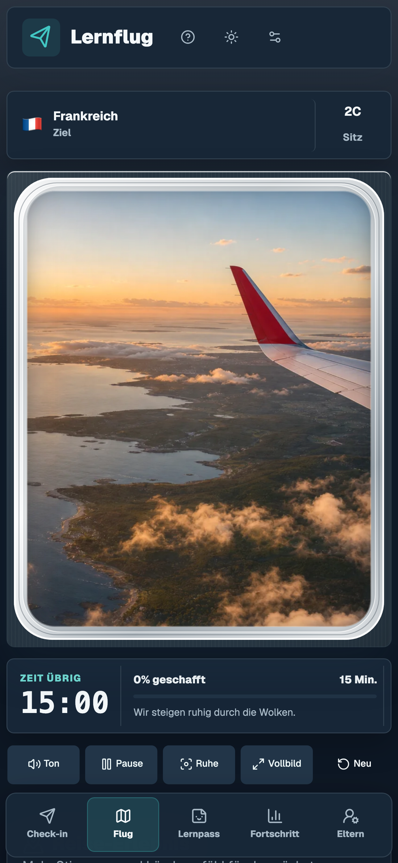 Lernflug Flugfenster mit laufender Lernzeit