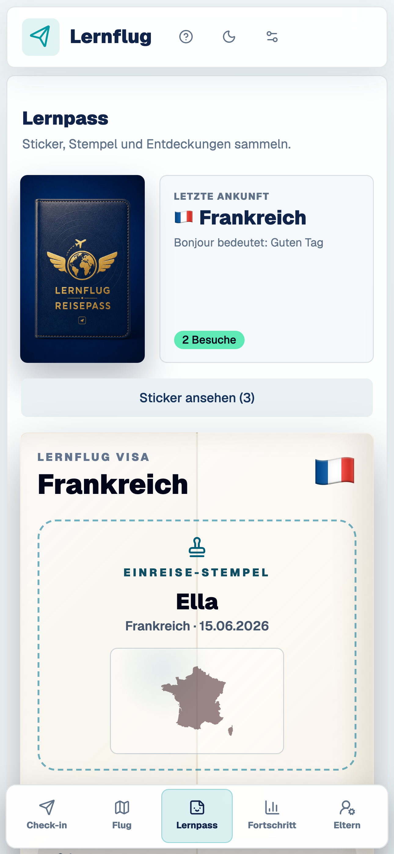 Lernflug Lernpass mit Frankreich-Stempel