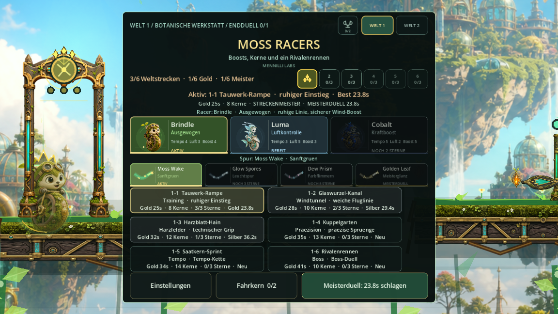 Streckenauswahl und Racer-Menü in Moss Racers